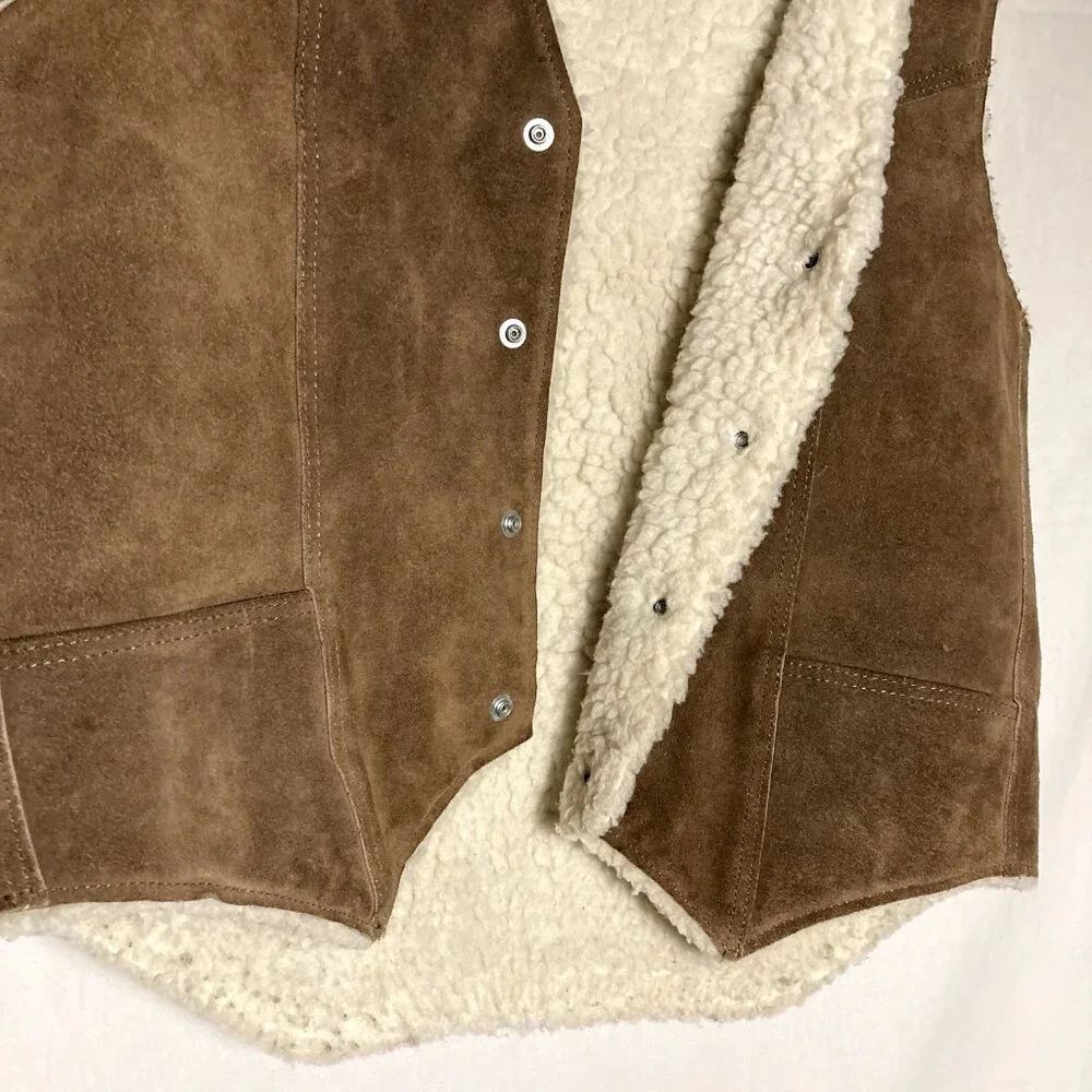 Mens Vintage STEER BRAND Suede Leather Sherpa Vest - Brown Size L Made in USA - Picture 4 of 16